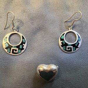 Antique Aztec, Indian design, earrings, and brooch